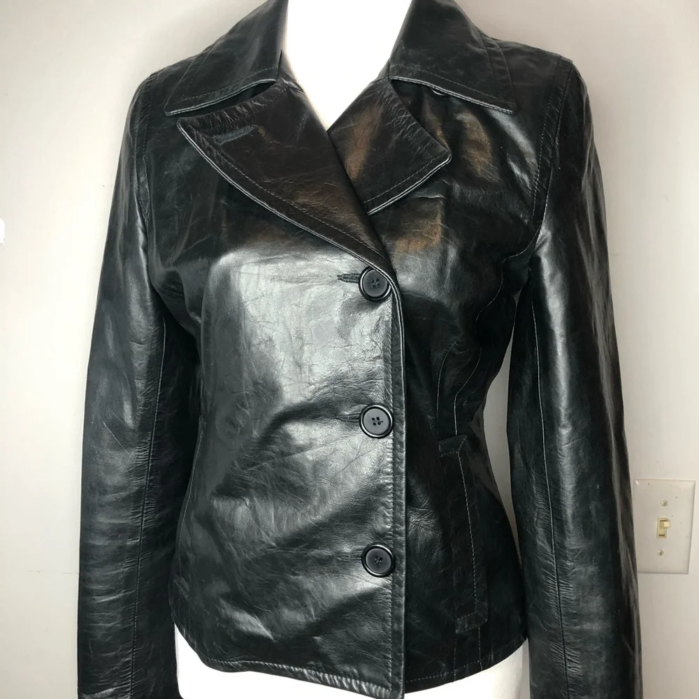 The Wrights Black Leather Double Breasted Jacket Moto Size 8 - Picture 1 of 13